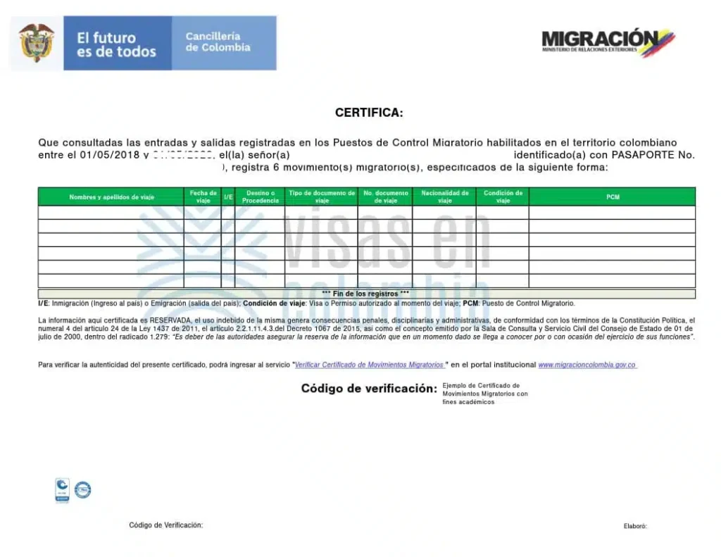 Migratory movements certificate Colombia