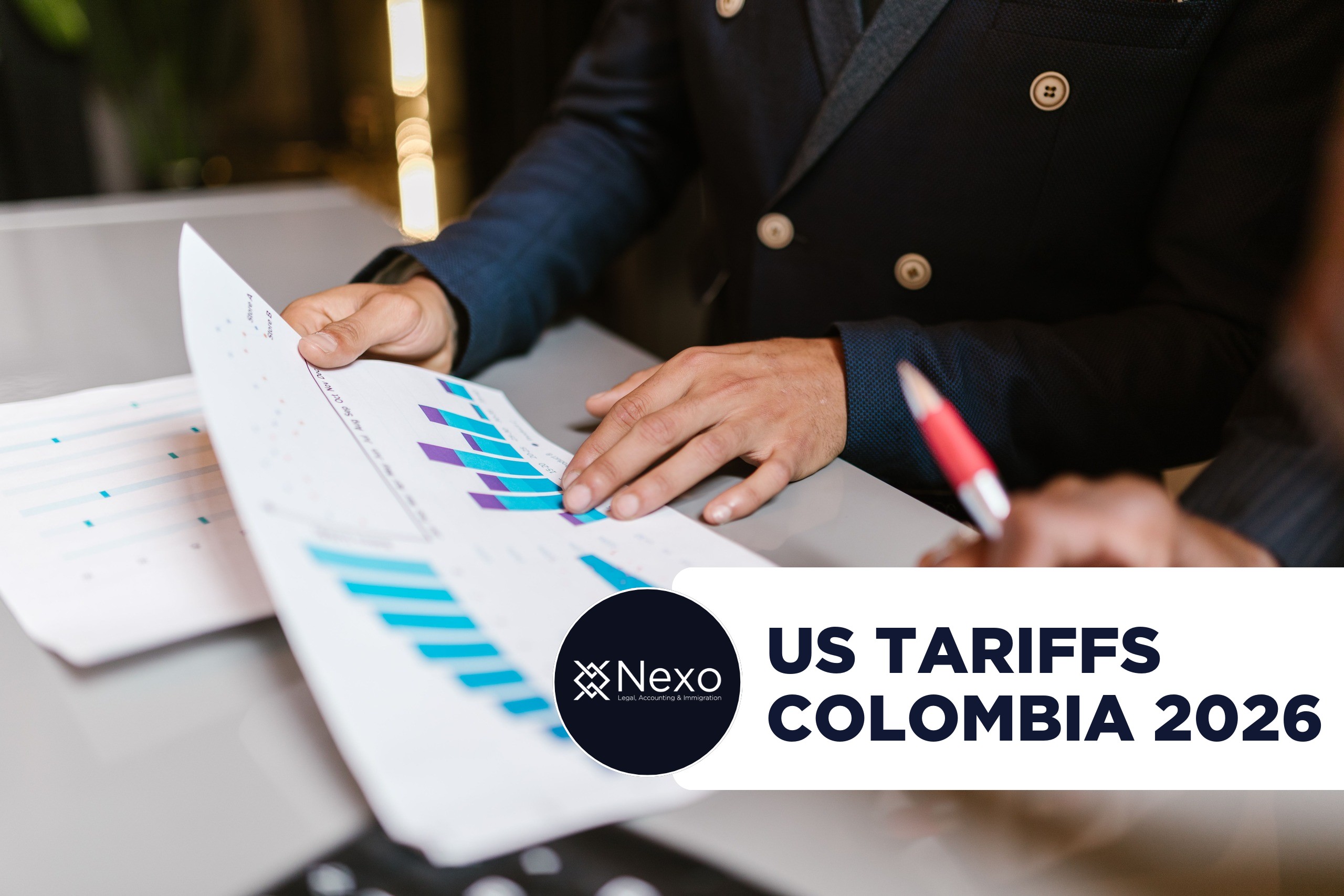 US tariffs Colombia 2026 - executive reviewing export trade charts and documents