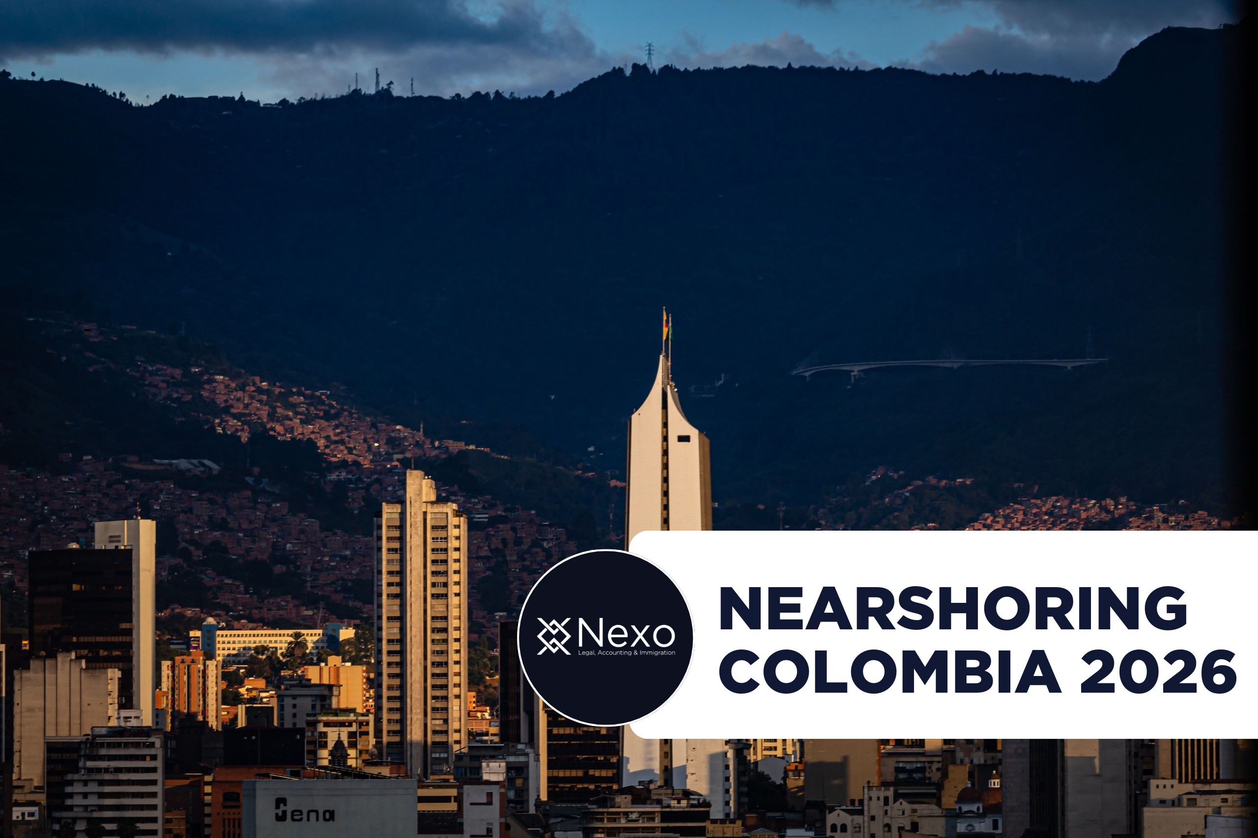 nearshoring Colombia 2026 - Medellín skyline with the Coltejer building at sunset